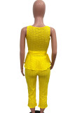 Yellow Street Solid Bandage Hollowed Out Patchwork V Neck Sleeveless Two Pieces