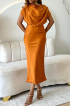 Оранжевые элегантные однотонные лоскутные длинные платья с круглым вырезом и складками