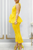 Yellow Street Solid Bandage Hollowed Out Patchwork V Neck Sleeveless Two Pieces Lace Ruffle Hem Tank Tops Pants Set