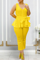 Yellow Street Solid Bandage Hollowed Out Patchwork V Neck Sleeveless Two Pieces Lace Ruffle Hem Tank Tops Pants Set