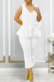 White Street Solid Bandage Hollowed Out Patchwork V Neck Sleeveless Two Pieces Lace Ruffle Hem Tank Tops Pants Set