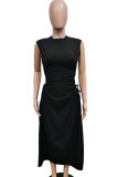 Vestido largo negro elegante, liso, ahuecado, con retales, cordón, abertura alta, pliegue, cuello redondo