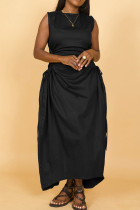 Schwarzes, elegantes, solides, ausgehöhltes, Patchwork-Kordelzug-langes Kleid mit hoher Öffnung und Falten-O-Ausschnitt
