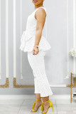 White Street Solid Bandage Hollowed Out Patchwork V Neck Sleeveless Two Pieces Lace Ruffle Hem Tank Tops Pants Set