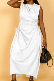 Weiße, elegante, solide, ausgehöhlte, Patchwork-Kordelzug-lange Kleider mit hoher Öffnung, Falten und O-Ausschnitt