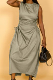 Army Green Elegant Solid Hollowed Out Patchwork Draw String High Opening Fold O Neck Long Dress Dresses