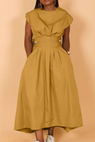 Yellow Street Solid Patchwork Pocket Buttons O Neck A Line Dresses