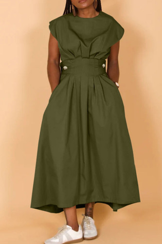 Army Green Street Solid Patchwork Pocket Buttons O Neck A Line Dresses