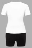 blanco negro casual estampado patchwork cuello redondo manga corta dos piezas