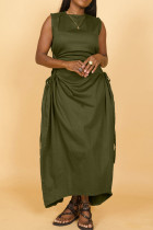 Armeegrünes, elegantes, solides, ausgehöhltes, Patchwork-Kordelzug-langes Kleid mit hoher Öffnung und Falten-O-Ausschnitt