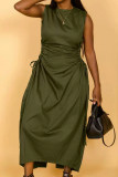 Hellgraues, elegantes, solides, ausgehöhltes, Patchwork-Kordelzug-langes Kleid mit hoher Öffnung und Falten-O-Ausschnitt