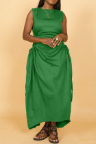 Grünes, elegantes, solides, ausgehöhltes, Patchwork-Kordelzug-langes Kleid mit hoher Öffnung und Falten-O-Ausschnitt