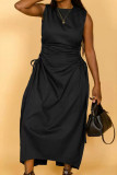 Black Elegant Solid Hollowed Out Patchwork Draw String High Opening Fold O Neck Long Dress Dresses
