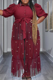 Borgoña Vintage Vendaje Patchwork Hebilla Perla Malla Cuello vuelto Una línea Vestidos de talla grande