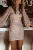 Champagne Casual Solid Sequins Patchwork O Neck Long Sleeve Dresses