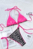 Pink Sexy Print Leopard Patchwork Frenulum Backless Swimwears (With Paddings)