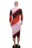 Steenrode elegante kleurblok-patchwork split-rits rits-kraag kokerrok-jurken