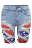 Colour Casual Patchwork Ripped Mid Waist Skinny Denim Shorts
