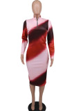Кирпично-красный элегантный цветных блоков Лоскутная юбка-карандаш с разрезом на молнии и воротником-молнией