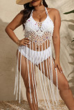White Sexy Solid Tassel Bandage Hollowed Out Backless Pleated Halter Plus Size Swimwear Cover-up