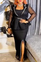 Black Casual Formal Patchwork Slit Turndown Collar Long Dress Plus Size Dresses