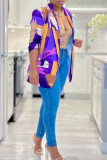 Фиолетовый повседневный повседневный смешанный принт с контрастным воротником и воротником-стойкой Верхняя одежда