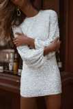 White Casual Solid Sequins Patchwork O Neck Long Sleeve Dresses