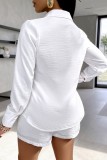 White Casual Solid Patchwork Shirt Collar Long Sleeve Two Pieces Blouse Tops And Shorts Sets