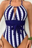 Blue Sexy Striped Print Bandage Buttons Backless Swimwears (With Paddings)
