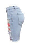 Shorts jeans skinny ciano casual patchwork rasgado cintura média