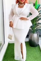 White Casual Formal Patchwork Slit Turndown Collar Long Dress Plus Size Dresses