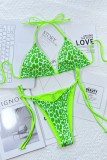 Fluorescent Green Sexy Print Leopard Patchwork Frenulum Backless Swimwears (With Paddings)