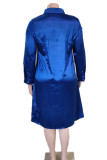 ブルー カジュアル ソリッド パッチワーク バックル ターンダウン カラー シャツ ドレス プラス サイズ ドレス