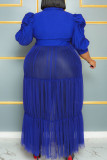 Azul elegante sólido bandagem retalhos fivela malha turndown colarinho vestido longo plus size vestidos