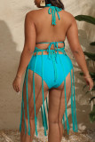 Apricot Sexy Solid Tassel Bandage Hollowed Out Backless Pleated Halter Plus Size Swimwear Cover-up