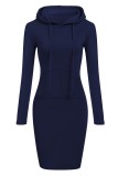 Dark Blue Casual Solid Basic Hooded Collar Long Sleeve Dresses