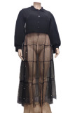 Burgundy Elegant Patchwork Buckle Pearl Mesh Turndown Collar Long Dress Plus Size Dresses