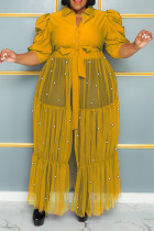 Amarelo vintage bandagem patchwork fivela pérola malha turndown colarinho vestidos plus size