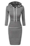 Black White Casual Solid Basic Hooded Collar Long Sleeve Dresses