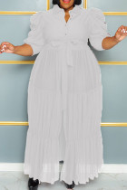 ホワイトエレガントな固体包帯パッチワークバックルメッシュターンダウンカラーロングドレスプラスサイズのドレス