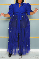 Blauwe vintage bandage patchwork gesp parel mesh kraag A-lijn plus size jurken