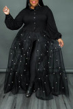 Bordeaux elegante patchwork gesp parel mesh turndown kraag lange jurk plus size jurken