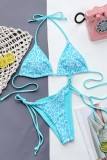 Fluorescent Blue Sexy Print Leopard Patchwork Frenulum Backless Swimwears (With Paddings)