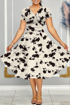 Aprikos Casual Print Patchwork V-ringad kortärmad klänning