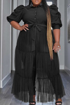 Zwarte elegante effen bandage patchwork gesp mesh kraag lange jurk plus size jurken