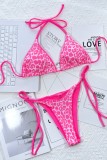 Pink Sexy Print Leopard Patchwork Frenulum Backless Swimwears (With Paddings)