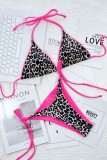 Rose Red Sexy Print Leopard Patchwork Frenulum Backless Swimwears (With Paddings)
