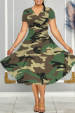 Camouflage Casual Print Patchwork V Neck Short Sleeve Dress