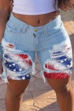Light Blue Red Casual Patchwork Mid Waist Flag Star Print Skinny Ripped Denim Shorts