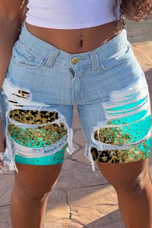 Cyan Casual Patchwork Mid Waist Flag Star Print Skinny Ripped Denim Shorts